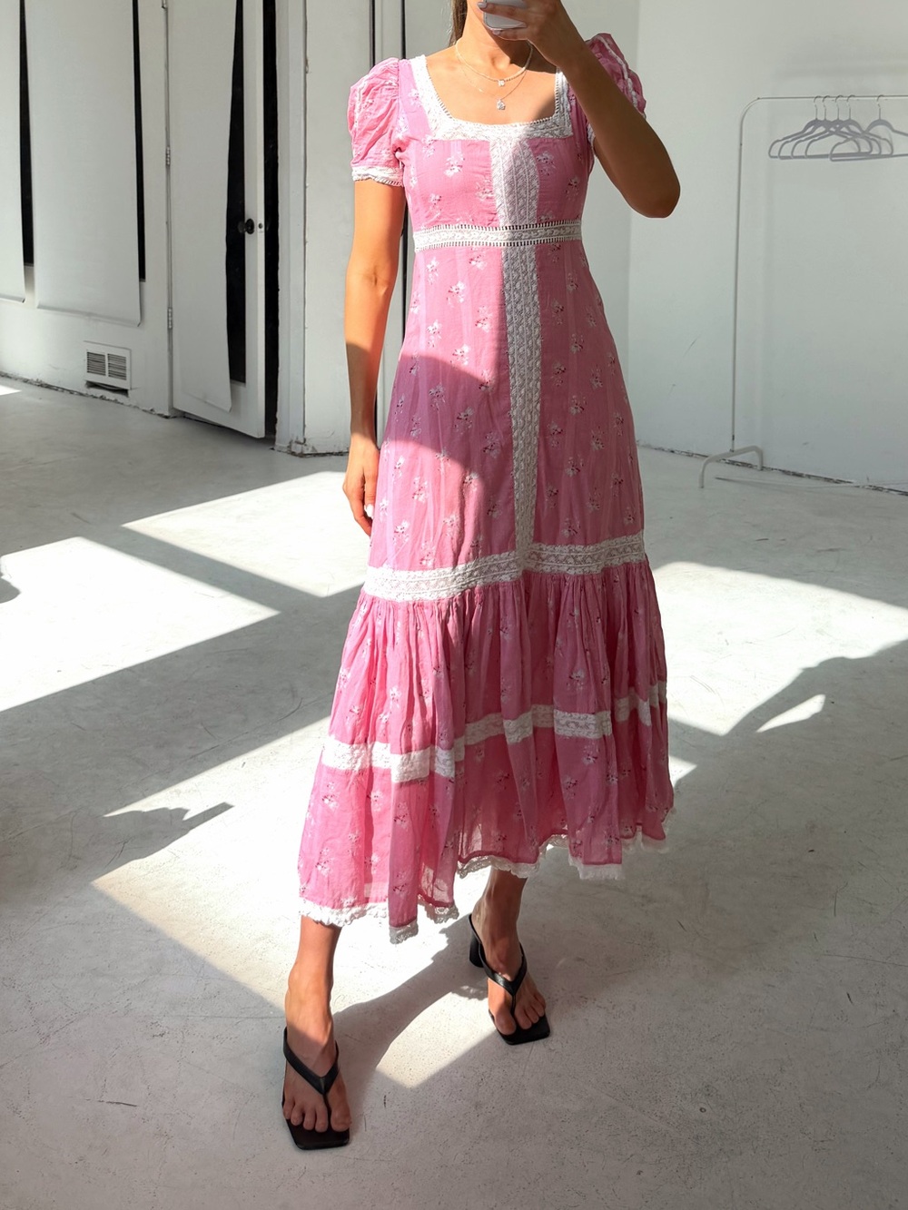 LoveShackFancy Pink & White Floral Ryan Lace Inset Ruffle Maxi Dress - Picture 3 of 7